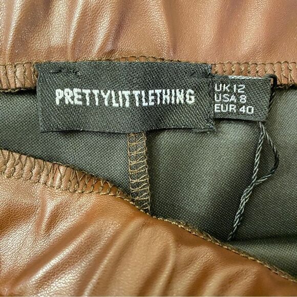 PRETTYLITTLETHING CHOCOLATE FAUX LEATHER SEAM DETAIL SPLIT HEM TROUSERS 8 NWT - Picture 5 of 16